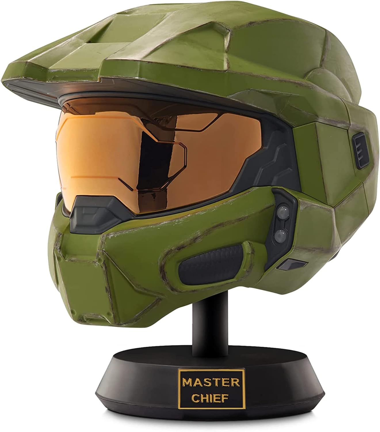 Mũ bảo hiểm cao cấp Halo Master Chief có chân đế - Đèn LED ở mỗi bên - Sơn hư hỏng do chiến đấu - Một kích thước phù hợp nhất – Không có âm thanh hoặc SFX
