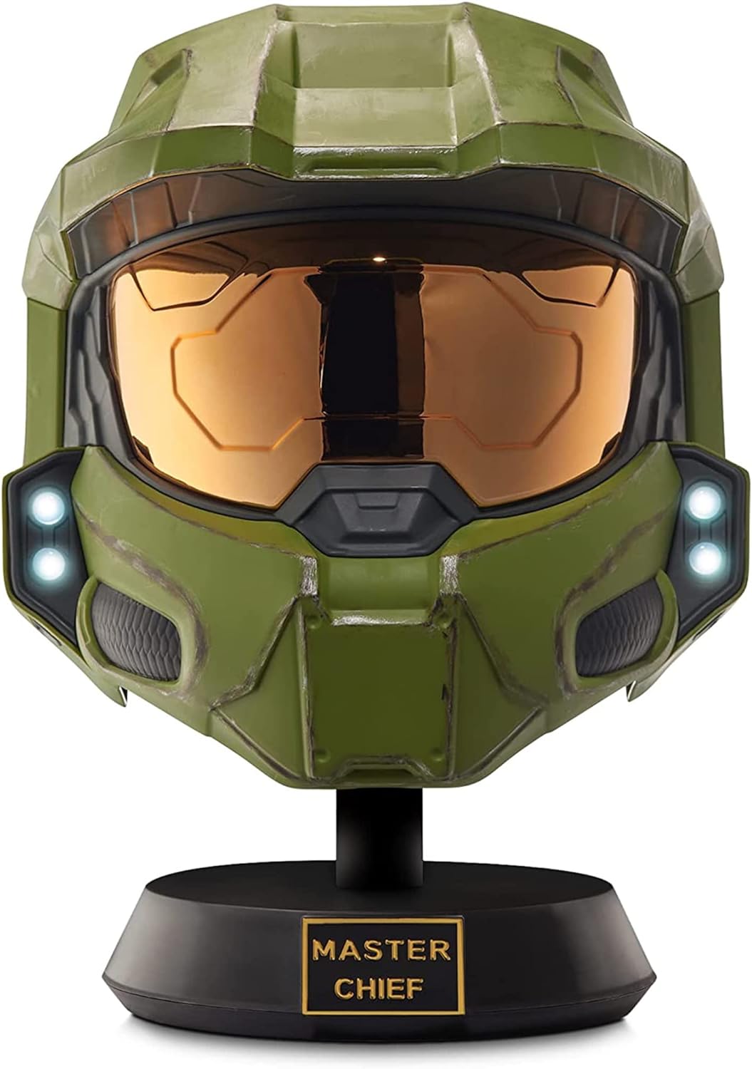 Halo Master Chief Deluxe Helmet with Stand - LED Lights on Each Side - Battle Damaged Paint - One Size Fits Most – No Sounds or SFX