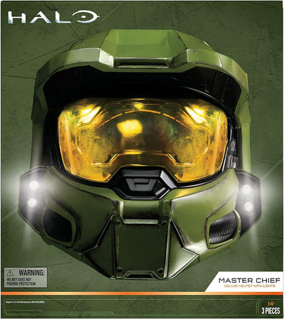 Halo Master Chief Deluxe Helmet with Stand - LED Lights on Each Side - Battle Damaged Paint - One Size Fits Most - No Sounds or SFX