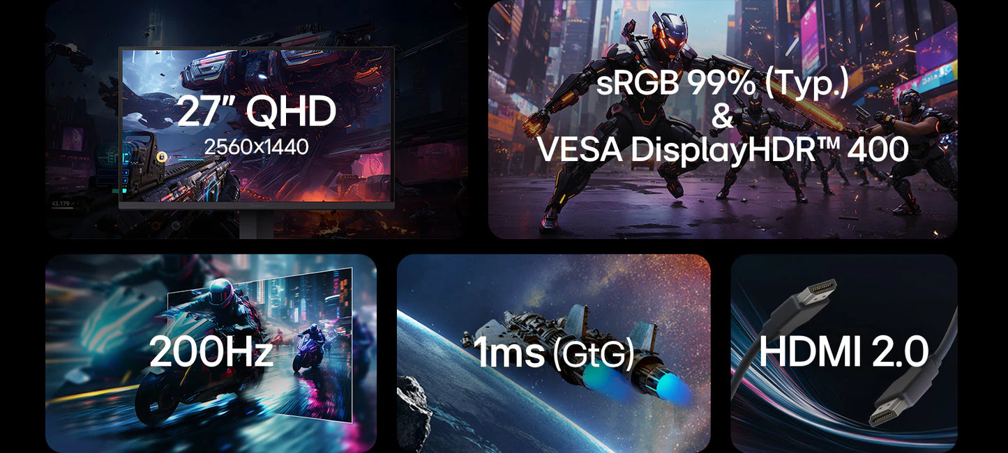 Màn hình chơi game LG UltraGear™ G6 QHD 200Hz 27 inch│27G610A với sRGB 99% (Thông thường), VESA DisplayHDR™ 400, 1ms (GtG), HDMI 2.0 - 27G610A-B