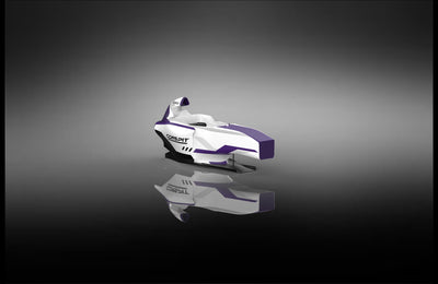 A futuristic white and purple snowmobile or speedboat model displayed on a reflective black surface against a dark gray gradient background. The vehicle features the brand name 'COMBAT' on its side.