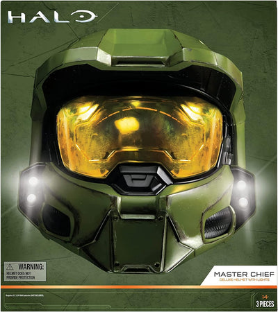 Halo Master Chief Deluxe Helmet with Stand - LED Lights on Each Side - Battle Damaged Paint - One Size Fits Most – No Sounds or SFX