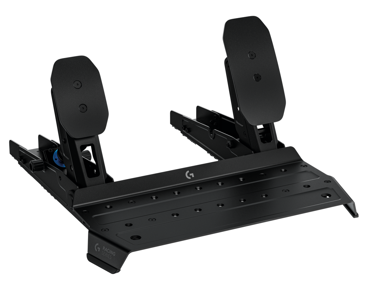 A black Logitech racing simulator footwell assembly with two pedals and a textured console base, shown on a solid white background.