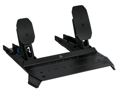 A black Logitech racing simulator footwell assembly with two pedals and a textured console base, shown on a solid white background.