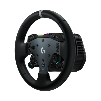Logitech racing wheel and controller setup on a clean white background, featuring a black steering wheel with a silver center logo and a dark gray controller module with blue accents.