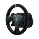 Logitech racing wheel and controller setup on a clean white background, featuring a black steering wheel with a silver center logo and a dark gray controller module with blue accents.
