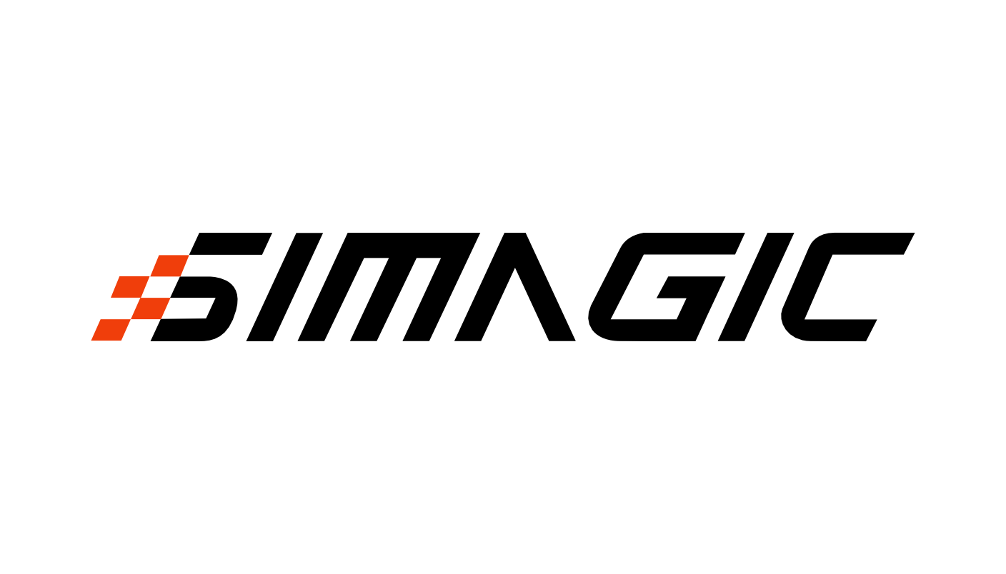 The SIMAGIC brand logo is displayed on a solid white background. The logo features stylized black lettering with a red and orange checkered square accent on the letter 'S'.